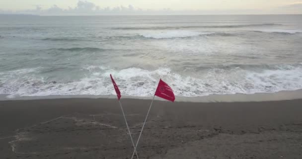 Vista aérea de banderas de seguridad en la playa — Vídeos de Stock