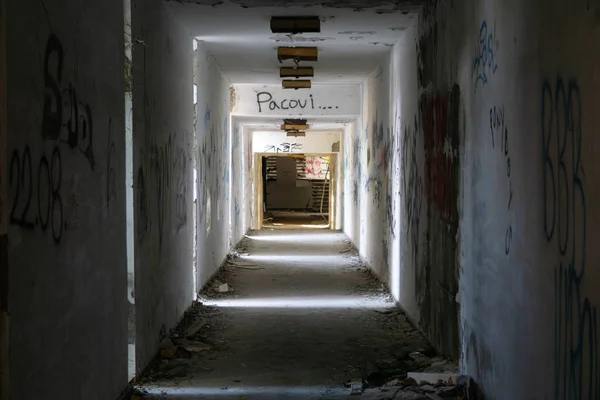 Corridor in an abandoned hotel.