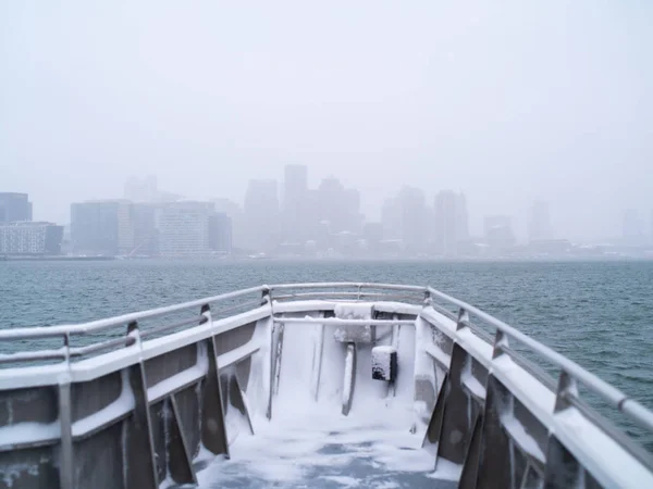 Boston Skyline On a Misty Morning with Snow Falling — Stock Photo, Image