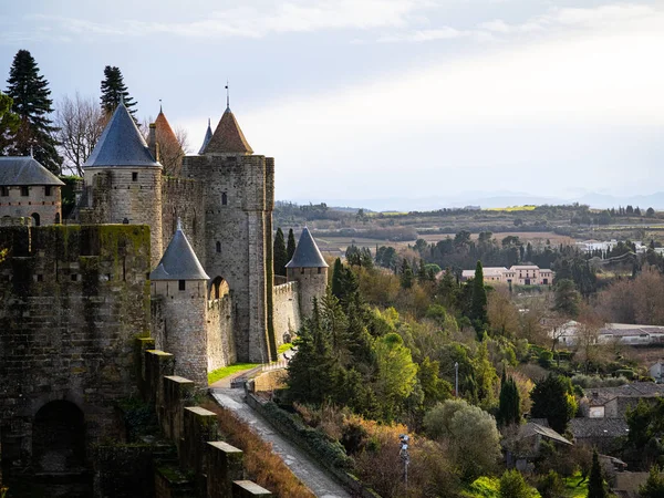 Carcassonne Kalesi Tepenin üstünde Köye bakan Telifsiz Stok Imajlar