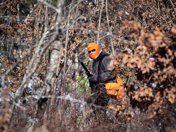 Un cazador de aves acecha presas en el bosque en invierno — Foto de Stock