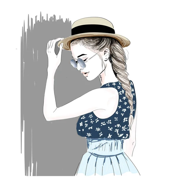 Κορίτσι Στην Εικόνα Ψάθινο Καπέλο — Διανυσματικό Αρχείο