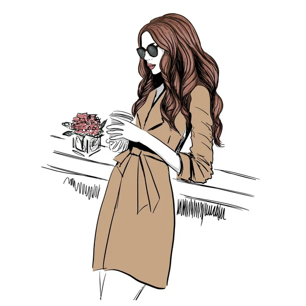 Kvinna Trenchcoat Med Kaffe Illustration — Stock vektor