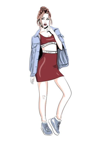 Wondered girl in jeans jacket — стоковый вектор