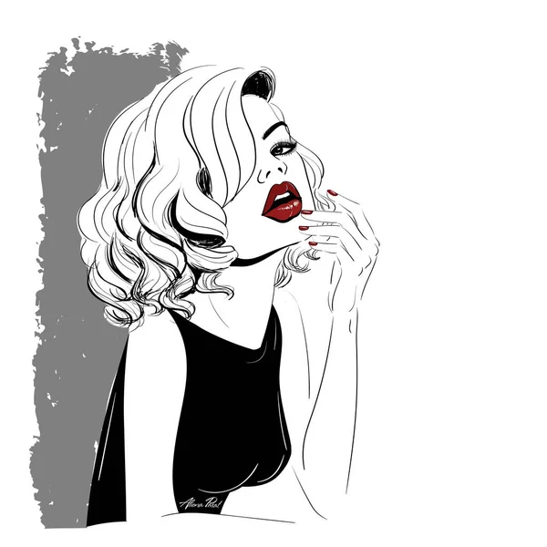 Mujer con labios rojos y rizos — Vector de stock