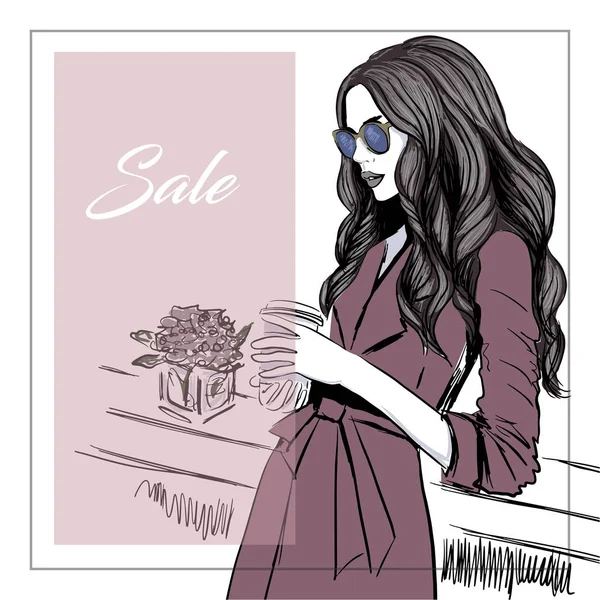Woman Coffee Sale Banner Illustration — Stock Vector