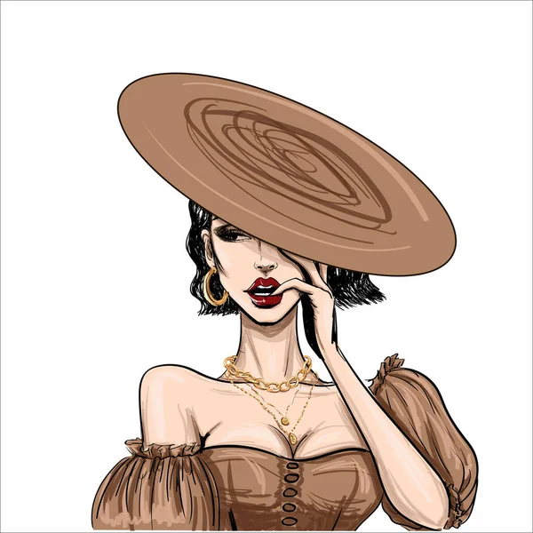 Мода чувственная женщина в плоской коричневой шляпе — стоковый вектор