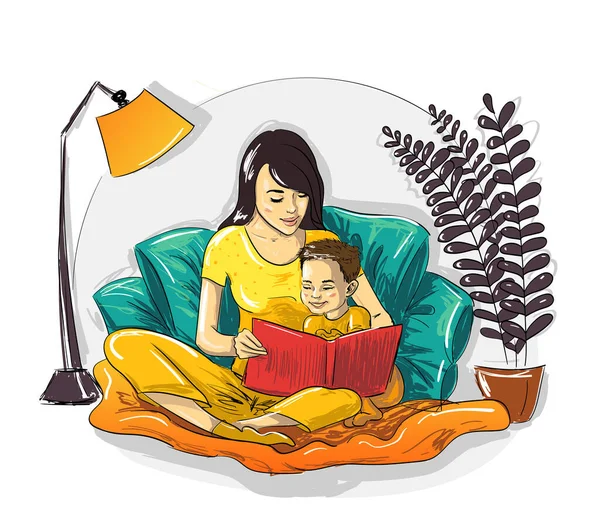 Anne ve oğlu evde kitap okuyorlar.