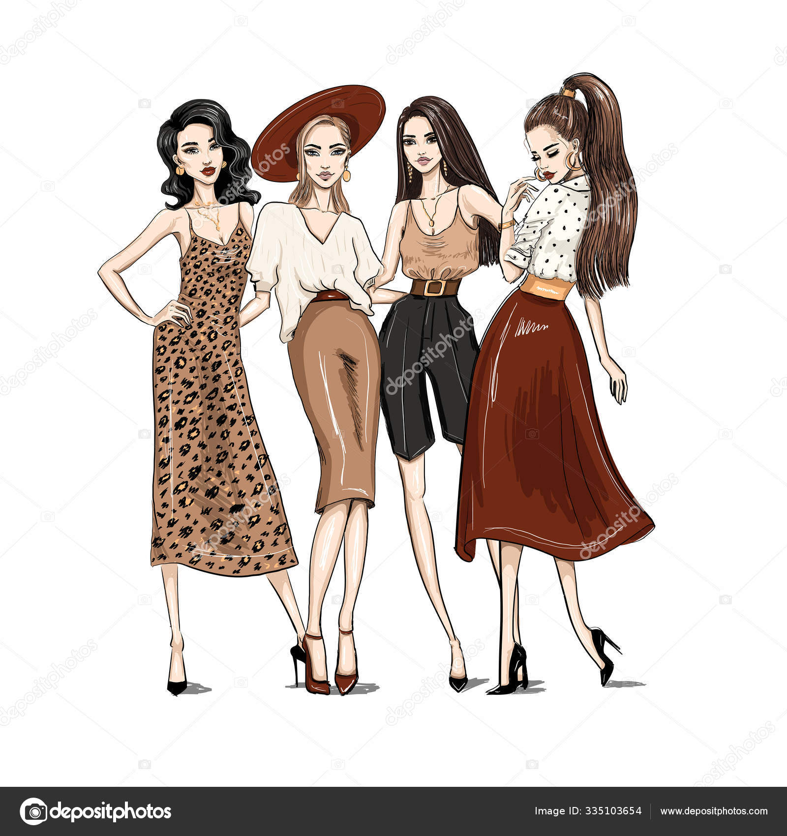 Four young women dressed in trendy clothes Stock Vector by