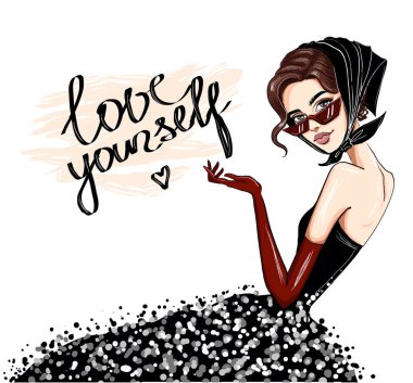Mendilli ve kırmızı eldivenli moda kadını.