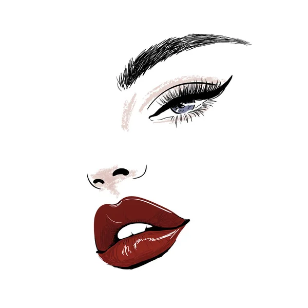 Sensual face with red juicy lips and eye art — Stock Vector