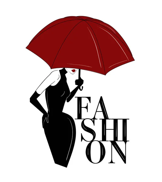 Woman under red umbrella fashion logo art — Stock Vector