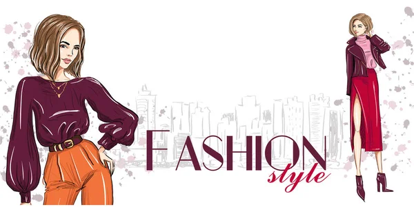 Fashion banner with two stylish women template — 스톡 벡터