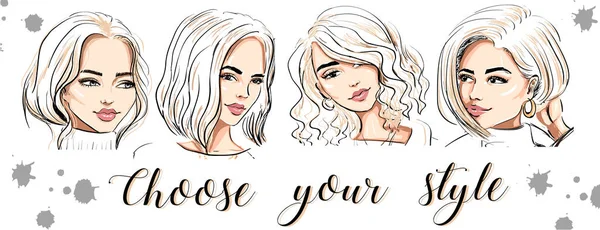 Cuatro hermosas mujeres dibujadas a mano caras banner — Vector de stock