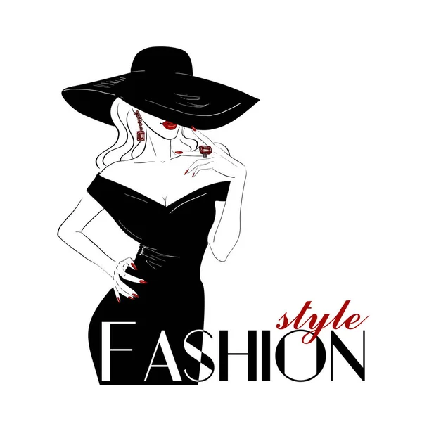 Fashion woman in big hat with red lips — Stock Vector