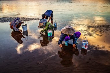 Balıkçılar şafakta Asya 'da balık yakalar.