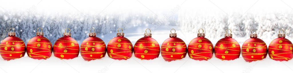 Red Ball Group on Winter Forest Background