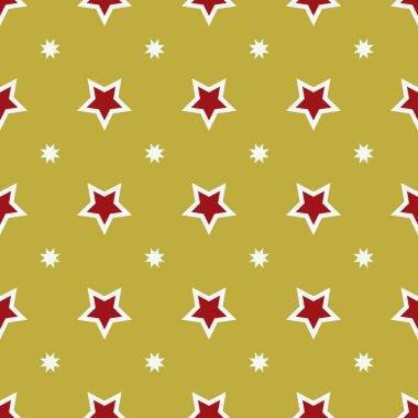 Altın bir zemin üzerinde yıldızlar ve kar taneleri olan kusursuz bir desen. Vektör.