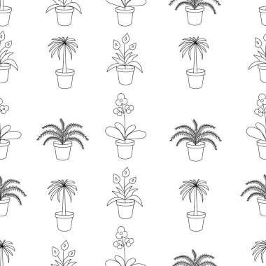 Kapalı alan çiçekleriyle kusursuz desen. Siyah ve beyaz vektör çizimi.