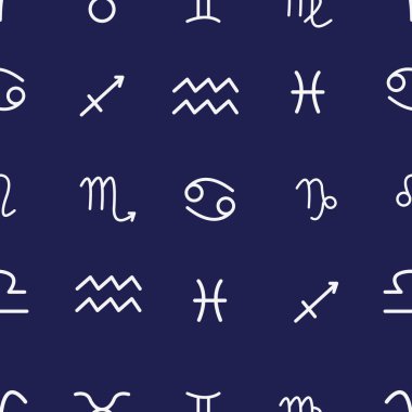 Zodyak işaretli kusursuz desen. Burç sembolleri. Vektör illüstrasyonu.