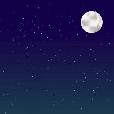 Yıldızlı arka planda dolunay olan bir gece. Vektör illüstrasyonu.