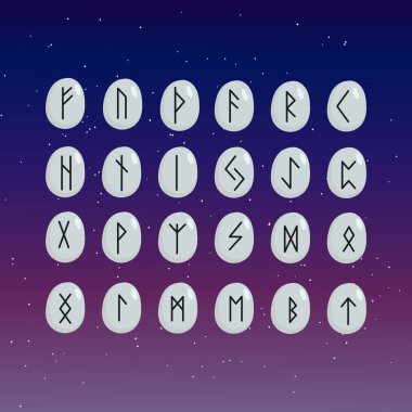 Mavi arka planda İskandinav rünleri. Runik alfabe. Eski okült sembolleri.