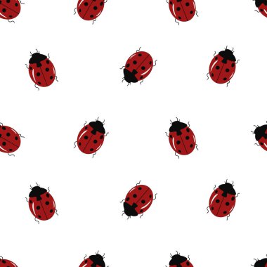 Beyaz arka planda sevimli uğur böceği olan kusursuz bir desen. Vektör illüstrasyonu.