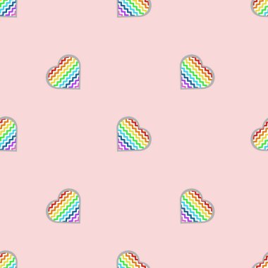 Pembe arka planda çok renkli kalpleri olan kusursuz bir desen. Vektör illüstrasyonu.