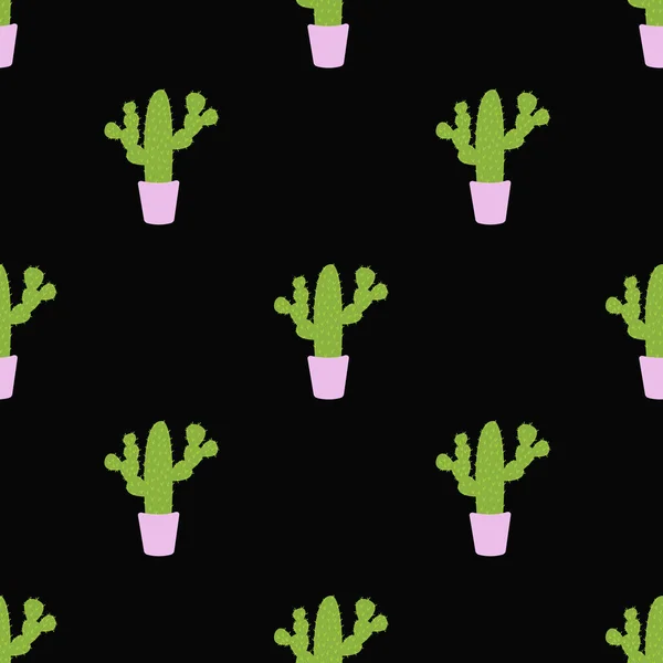 Patrón Sin Costuras Con Lindos Cactus Sobre Fondo Negro Vector — Archivo Imágenes Vectoriales