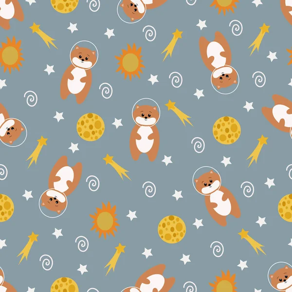 Seamless pattern with cartoon bear in space. Vector illustration.