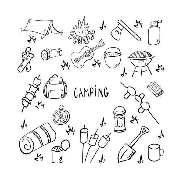 Tourism Camping Set Doodle Camping Elements Vector Illustration — ストックベクタ