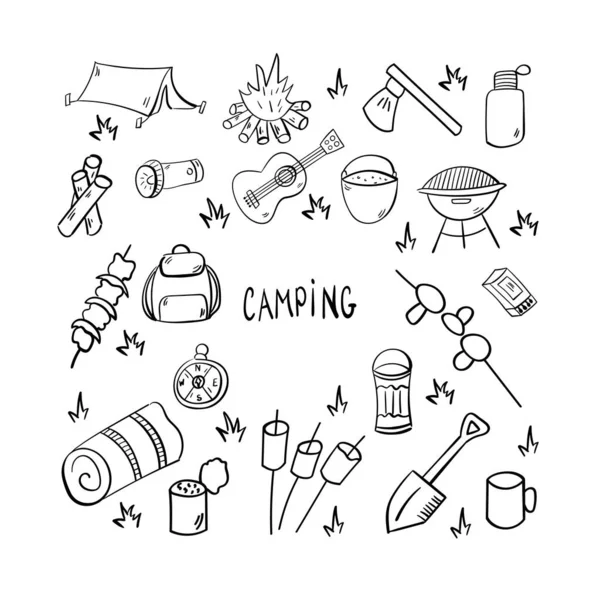 Ensemble Tourisme Camping Doodle Éléments Camping Illustration Vectorielle — Image vectorielle