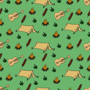 Turizm ve kusursuz kamp düzeni. Kamp malzemeleri. Vektör illüstrasyonu.