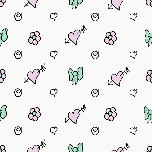 Seamless Pattern Doodle Hearts Flowers Bows Vector Illustration — Stok Vektör