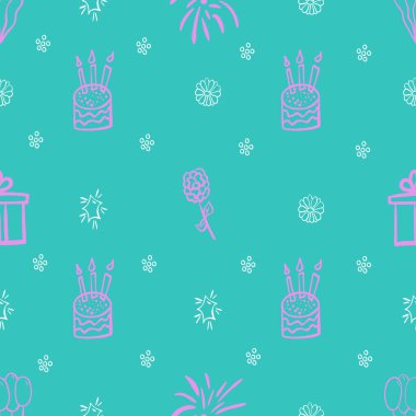 Kek, hediye, çiçekler, balonlar ve havai fişeklerle kusursuz bir desen. Vektör.