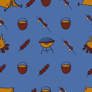 Turizm ve kusursuz kamp düzeni. Barbekü. Kamp malzemeleri. Vektör illüstrasyonu.