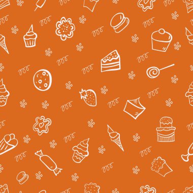 Şekersiz desen. Pasta, dondurma, çilek, kurabiye. Şekerleme elementleri. Vektör illüstrasyonu.