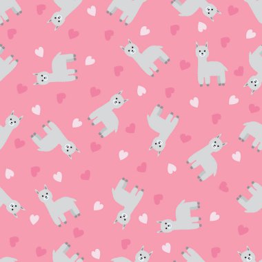 Lamalar, alpakalar ve kalplerle kusursuz desen. Vektör illüstrasyonu.