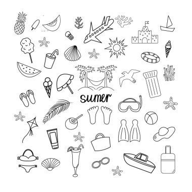Yaz seti. Doodle Sahili elementleri. Vektör illüstrasyonu.