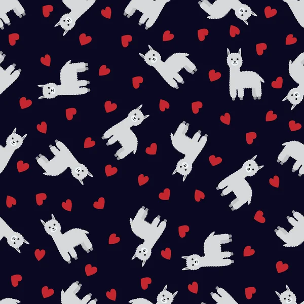 Seamless Pattern Llamas Alpacas Hearts Vector Illustration — Stock Vector