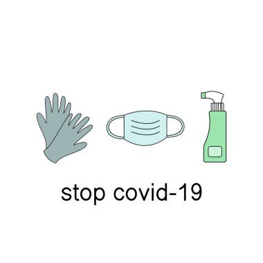 Coronavirus koruması. Eldiven, antiseptik, tıbbi maske. Vektör.