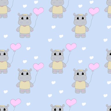 Çizgi film hipopotamları ve kalplerle kusursuz desen. Vektör illüstrasyonu.