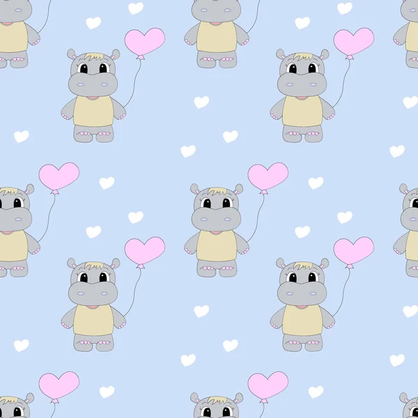 Seamless pattern with cartoon hippo and hearts. Vector illustration.
