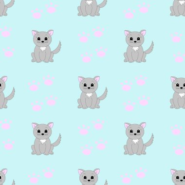 Çizgi filmdeki yavru kediyle kusursuz desen. Vektör illüstrasyonu.