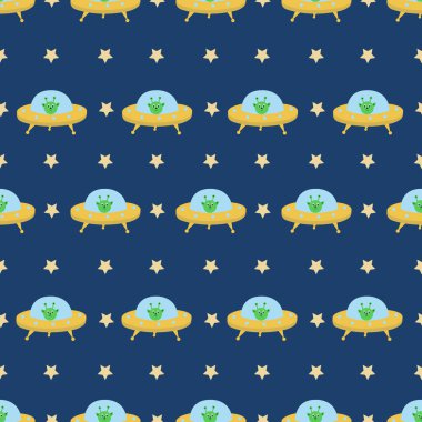 Uçan daireyle kusursuz desen. Uzaylılar. Boşluk. Vektör illüstrasyonu.