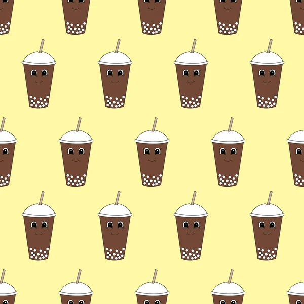 Seamless pattern with cute cartoon bubble tea. Vector illustration.