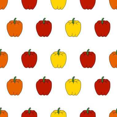 Kusursuz kırmızı biber deseni. Turuncu, sarı ve kırmızı. Vektör illüstrasyonu.