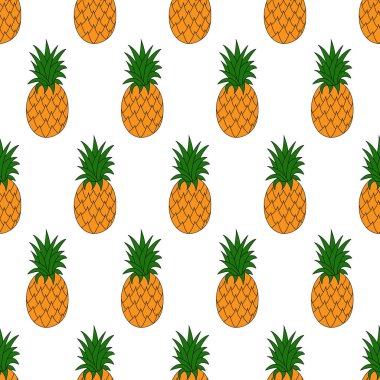 Beyaz arka planda ananas desenleri var. Vektör illüstrasyonu.