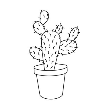 El çizimi kaktüs, beyaz arka planda izole edilmiş siyah bir çizgi. Boyama kitabı için tasarım ögesi. Vektör. 