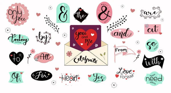 Catchwords Collection Romantic Handwritten Font Prepositions Vector Set Illustration Catchwords — Stock Vector